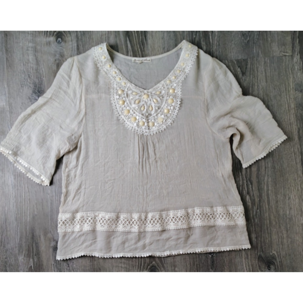 Pleasant Shade Blouse Top Women‎ XL Boho Gauze Stones Pearls Lace Crochet